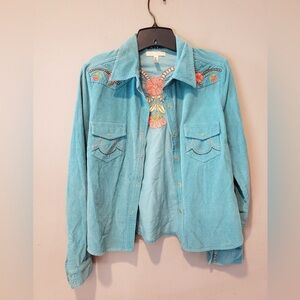 Embroidered Turquoise Button-Up Shirt